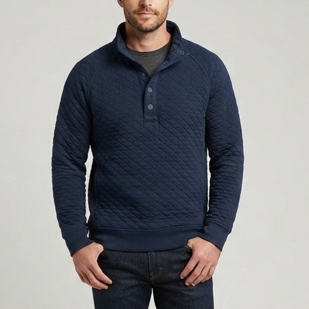 Eddie Bauer Mens Quilted Pullover Navy Blue Snap Neck Sweatshirt‎ EM32LK917 Sz M